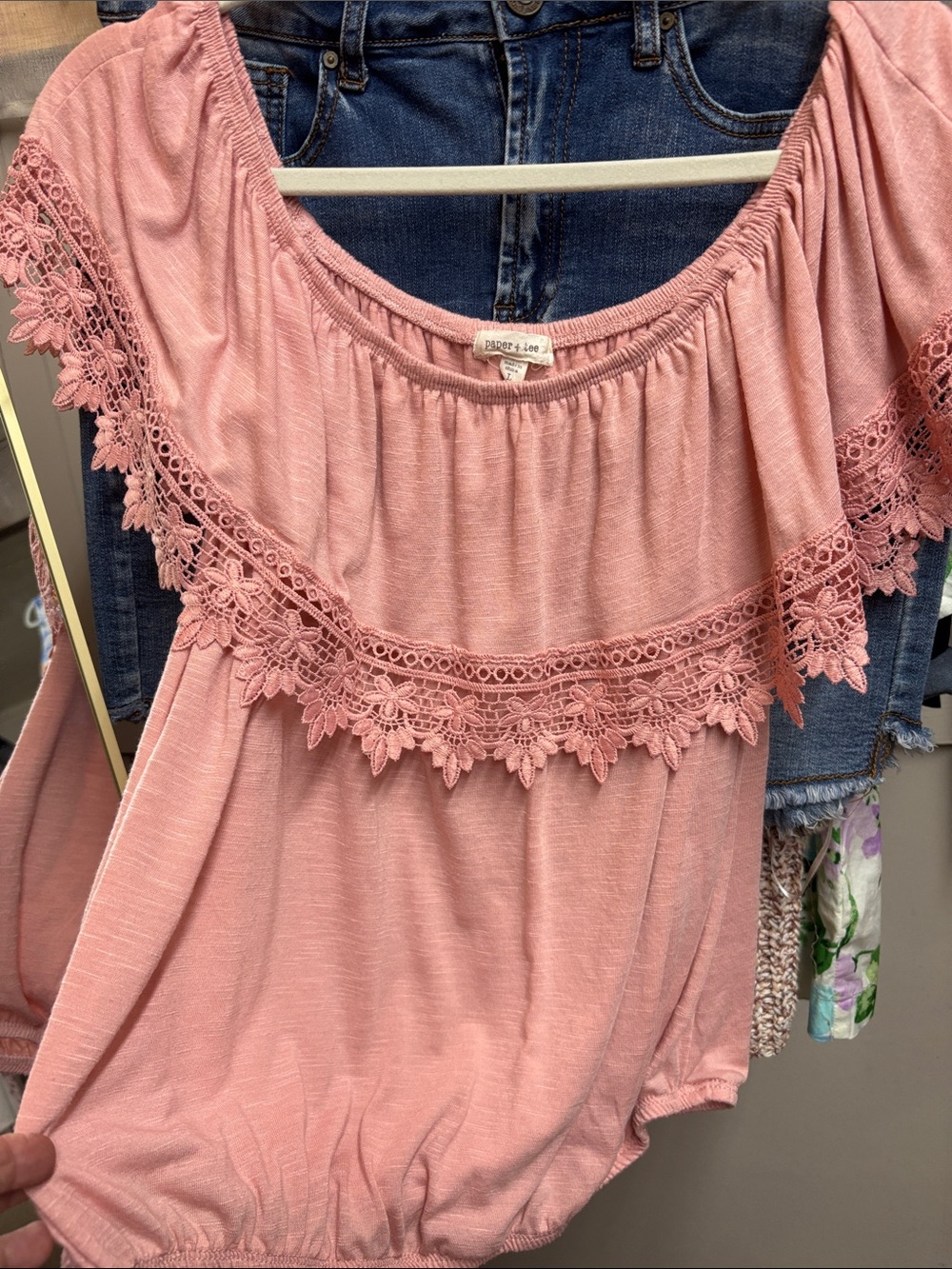 Blush Pink Off-Shoulder Crochet-Trim Crop Top large